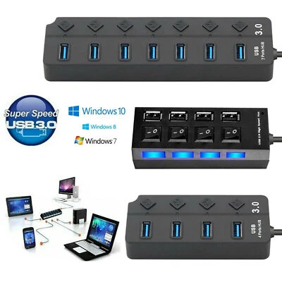 7 Port Powered USB 3.0 2.0 Hub On/Off Switches Splitter w/ Cable for PC Laptop