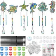 GlikCeil 12 Sets Suncatcher Craft Kits for Kids Wind Chime Decorations Fun Gem Painting Sun Catchers Coloring Suncatcher Art and Crafts for Boy Girl Birthday Classroom DIY Project Gift Favor (Sea)
