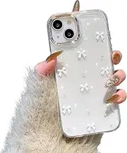 EYZUTAK Case for iPhone 13/iPhone 14, Bling Glitter 3D Bowknot Phone Case Cute Sparkly Crystal Clear Bow Aesthetic Cover Slim Soft Durable TPU Transparent Protective Cover for Women Girls - White Bow