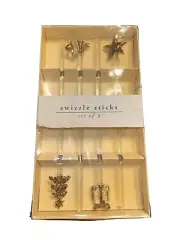 Pier 1 Imports Glass Swizzle Sticks Set of 4 Clear & Gold Holiday barware Mixers
