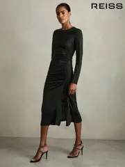 Reiss Dark Green Rosie Petite Jersey Ruched Midi Dress (AD0125) | $280