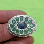 Original Sapphire Stone with natural Emerald Stones Multi Stones Ring Silver 925