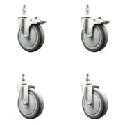5 Inch 316SS Thermoplastic Rubber 3/8 Inch Threaded Stem Caster Set 2 Lock Brake