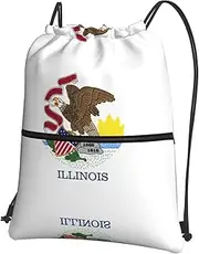 EdWal Illinois State Flag Print Drawstring Backpack Gym Bags Sports Bags With Zipper Pocket For Travel Swimming Beach, Black, One Size