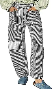 [ACCPUR] Women Drawstring Striped Barrel Pant Patchwork Wide Leg Baggy Pant Slouchy Streetwear Casual Y2k Trousers with Pockets