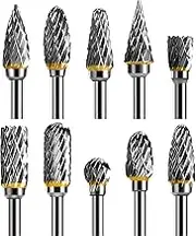 TianTac Tungsten Carbide Rotary Burr Set 10pcs, Carving Burr Bits, with 3mm Shank 6mm Bit for Wood & Stone Carving, Steel Metal Working