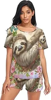 [RPLIFE] Cute Sloth Spring Floral Sleepwear for Women Shorts Set, Comfy Pajamas Women Set, Cute Sloth Spring Floral, Small