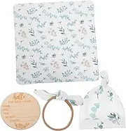 KOCKSHION 1Set Newborn Swaddle with Birth Announcement Sign Receiving Blanket Cute Hat Headband Bundle for Eucalyptus Leaf Design Present for
