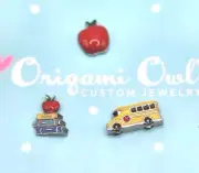3 ORIGAMI OWL BACK TO SCHOOL BUS TEACHER APPLE BOOKS FLOATING CHARMS LOT