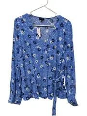 NWT Talbots Daisy Floral Tie Front Poet Sleeve Wrap Blouse Blue White Size Large
