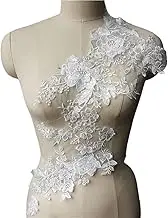 Lace Applique，Embroidered Appliques， White Wedding Gown Appliques Lace Fabric Flower Sequin Collar Mesh Embroidered Sew On Patches for Decoration Dress DIY