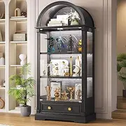 Black Curio Cabinet with Glass Doors, 72" Tall Arched Display Cabinet with Human Sensor Lights, 4-Tier Display Case for Collectibles Bookcase Living Room