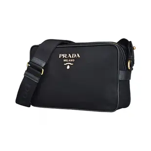 PRADA TESSUTO金字浮雕LOGO尼龍拉鍊斜背相機包(黑)