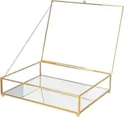 REDHUGO Large Glass Boxes for Display Handmade, Mirrored Bottom, Glass Jewelry Trinket Box with Lid, for Book, Photo, Keepsake Organizer, Display Case for Vanity Decor Home Dresser, Gold