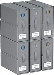 TRZZ 6-Pack Modern Grey Bedding Storage Boxes, Foldable Linen Bins with Window and Labels, Keeps Bedding Neatly Organized and Accessible, 15"L x 13"W x 5"H, Queen/King Duvet Covers