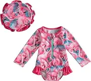 [Generic] Toddler Baby Girl One Piece Swimsuit Romper Ruffle Floral Long Sleeve UV Resistant Zip Up Swimsuit Sun Hat Set