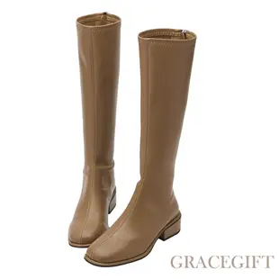 【Grace Gift】簡約達人後拉鍊中跟長靴 駝