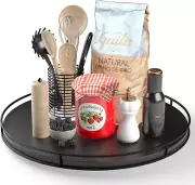 18" Acacia Wood Lazy Susan Turntable with Metal Frame for Table Top - Large Blac