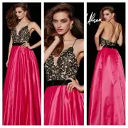 ANGELA AND ALISON 51015 Strapless black fuchsia ball gown with lace top size 0,2