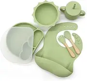L'il Koala Rainbow Silicone Baby Led Weaning/Feeding Set - Suction Plate, Cup, Fork, Spoon, Silicone Bib with Food Catcher - BPA Free Food Grade Silicone - Dishwasher and Microwave Safe (Sage)
