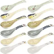 Cididu Set of 12 Asian Ceramic Soup Spoons - Retro Japanese, Delicate Chinese Serving, Porcelain Ramen for Pho Miso Noodles Dessert Wonton Dumpling - Dishwasher Safe, 5.5''L