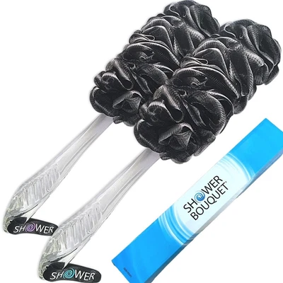 Loofah-Charcoal Back-Scrubber 2-Pack // Long-Handle Bath-Sponge Brush/Extra Larg