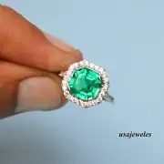 Asscher Cut 2.40CT Real Emerald Wedding Halo Jewelry Ring 14K White Gold Finish