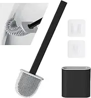Silicone Toilet Brush-Soft Flat Toilet Brush with Holders, Cleaning Brushes Set for Bathroom,Flexible Toilet Bowl Brush Head with Silicone Bristles, Wall Mounting Leak Proof Slots Base (Black2)
