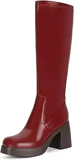 [Dsevht] Black Leather Knee High Boots for Women Platform Chunky Block Heeled Boots Round Toe Fashion Dress Boots