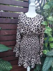 Lorraine Little Party Dress 10 Bodycon Leopard Print Long Sleeve Frilled A17