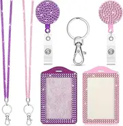 2 Set Rhinestone Bling Lanyard With ID Badge Holder - Diamond Crystal Retractable Card Holder With Metal Clasp Key Ring for Women (Pink, Purple)
