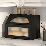 Vriccc Black Bread Box, Bamboo Wood Bread Box for Kitchen Counter, Double-layer Bread Storage Bin, Acrylic glass with Diamond Patterns