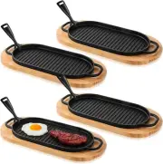 4 Pcs Cast Iron Fajita Skillet Pan Set Sizzling Steak Plate with Wooden Base