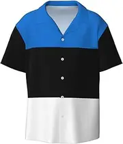 [HVTTIOR] Flag of Estonia Print Short Sleeve Shirt Cuban Collar Beach Casual Style Summer Vacation Relaxed Fit