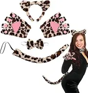 MAIHUO 5 PCS Costume Set,Leopard Dress Up Set,Animal Print Set,Leopard Ears Headband Tail Bow Tie Glove Set,for Children Teenagers Adults Christmas, Birthday Party Carnival