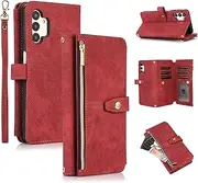UEEBAI Case for Samsung Galaxy A13 5G, 9 Card Slots Retro Leather Wallet Shockproof Flip Cover with Hand Strap Card Slots Zipper Pocket Kickstand Handbag Magnetic Closure - Retro Red Wine