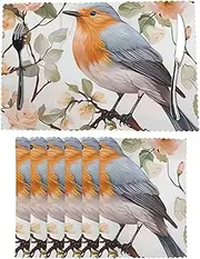 Floral Print Watercolor Robin Bird Placemats Set of 6, 12x18 Inch Non-Slip Heat Resistant Place Mats Washable Reusable Table Mats for Kitchen Dining Table Decoration
