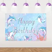 JOYMEMO 5x3ft Dolphin Happy Birthday Backdrop - Pink Blue Purple Under The Sea Birthday Party Decorations for Boys Girls, Dolphin Ocean Animal Themed Photography Background Supplies