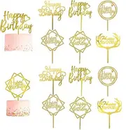 Changyeah Happy Birthday Cake Topper,12 Pieces Acrylic Cake Topper,Happy Birthday Gold Cake Topper Set, Birthday Decoration for Children and Adults
