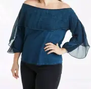 New Simply Be Womens Indigo Washed Look Bardot Chiffon Trim Top Size 20