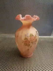 Fenton Bermese Diamond Optic Rose Vase Hand Painted 7.5inches