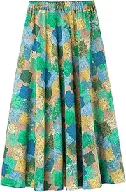 [Camilife] C638 Women's Linen Cotton Maxi Skirt with Side Pockets Elastic Waistband Long Skirt Bohemian Retro Vintage Skirt Length 90 cm C638 Patchwork Pattern Made of Green Blue Yellow Fabric