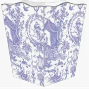 MARYE-KELLEY, FRENCH LAVENDER TOILE 12" WOODEN WASTEPAPER BASKET , SILVER TRIM