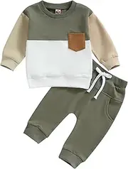 [MAHUAOYIXI] 2Pcs Baby Boys Outfits Long Sleeve Contrast Color Top Sweatshirts with Elastic Waist Sweatpants Tracksuit Set for Toddler Baby Boys, Army Green, 6-12 Months