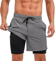 [Ecupper] Mens Swim Trunks 2 in 1 Compression Liner Board Shorts Quick Dry Swimwear Beach Swimming Bottoms with Zipper Pocket