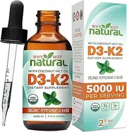 Organic Vitamin D3 K2 (MK-7) Liquid Drops, 5000 IU of sublingual D3 with Coconut MCT Oil, for Strong Bones and Teeth, Heart and Immune Support