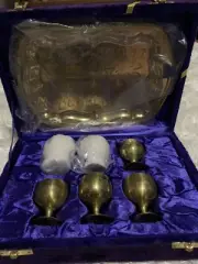 Vintage Brass Set 6 Small Cordial Wine Goblets & Tray in box