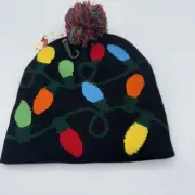 Christmas Knit Beanie Flashing Blinking LED Lights Up Cap Hat Black Pom Holiday