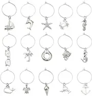 [Ipotkitt] 60 Pcs 15 Styles Ocean Themed Metal Wine Glass Charms Antique Silver Starfish Turtle Whale Charms Drink Markers Tags for Party Decor Jewellery Making, No Gemstone