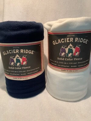 2 Geniune Glacier Ridge Oversized Fleece Blankets 52” X 70” Blue & White